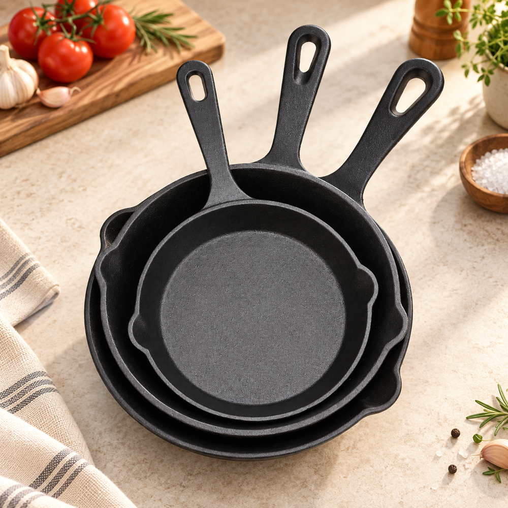 MOCHOO 3-Piece Cast Iron Skillet Set – 6, 8 & 10 Inch