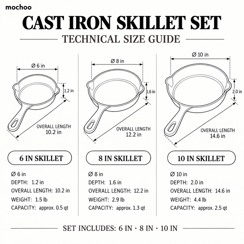 MOCHOO 3-Piece Cast Iron Skillet Set – 6, 8 & 10 Inch