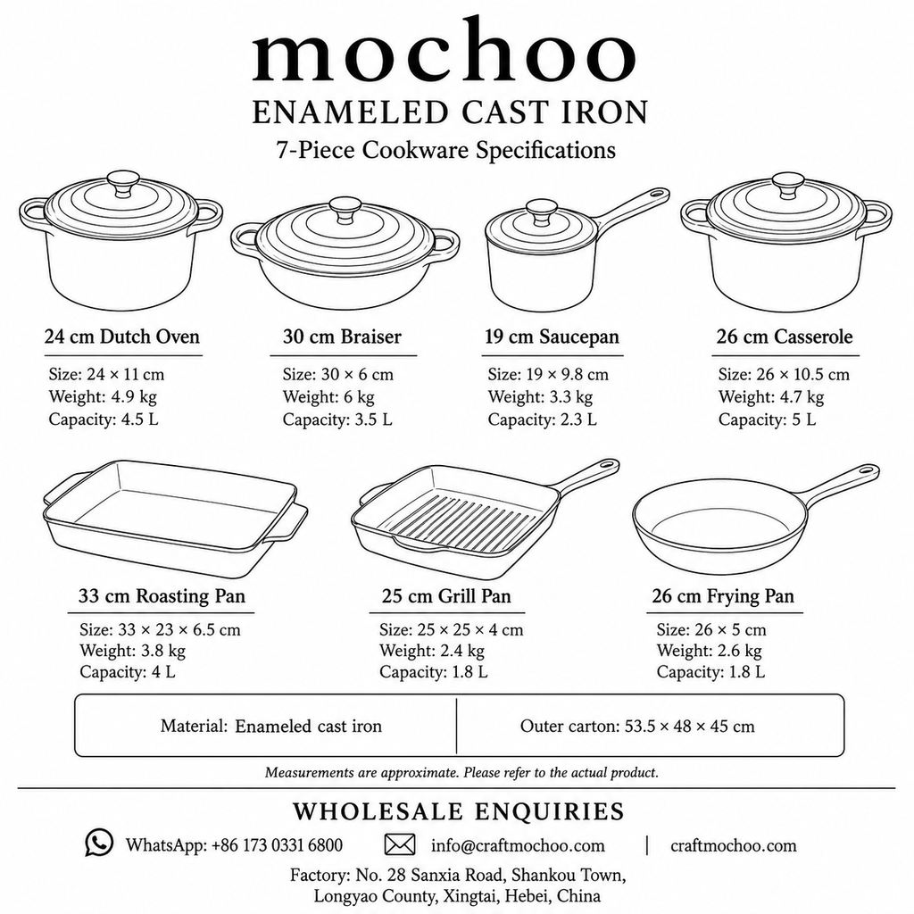 mochoo 7-Piece Enameled Cast Iron Cookware Set