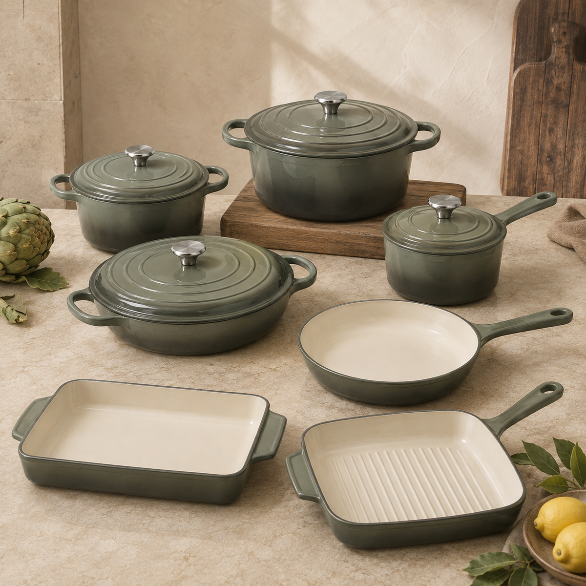 mochoo 7-Piece Enameled Cast Iron Cookware Set