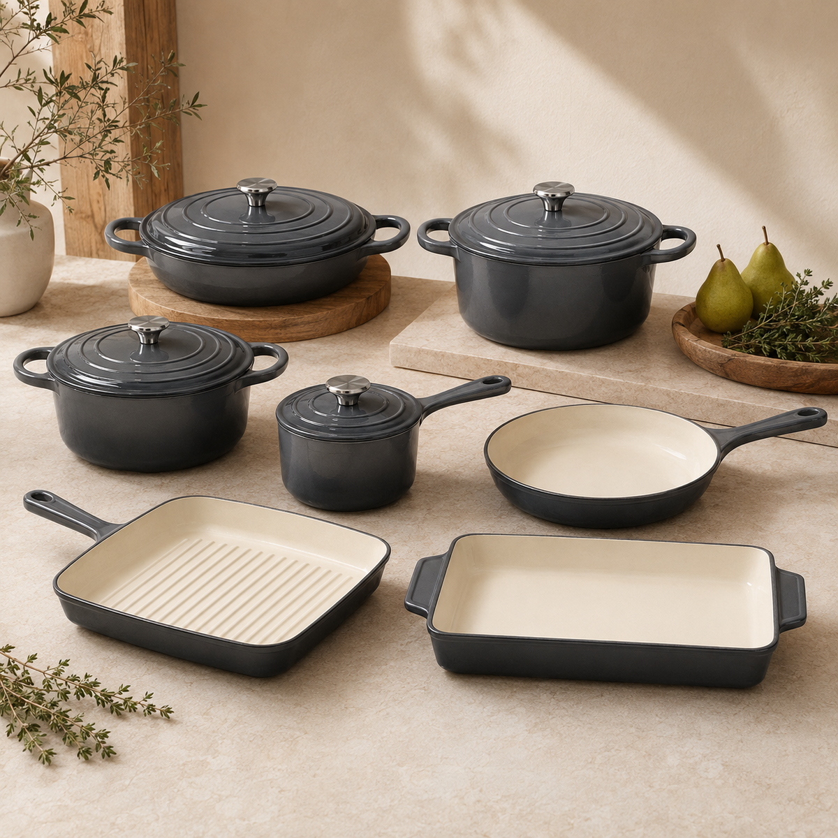 mochoo 7-Piece Enameled Cast Iron Cookware Set