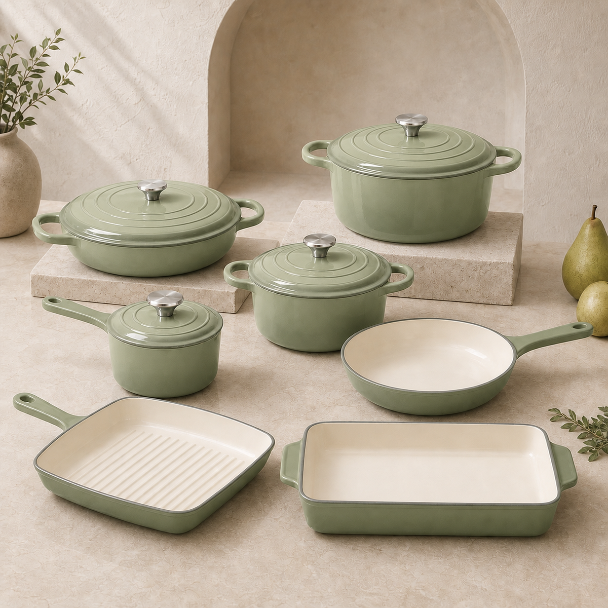 mochoo 7-Piece Enameled Cast Iron Cookware Set