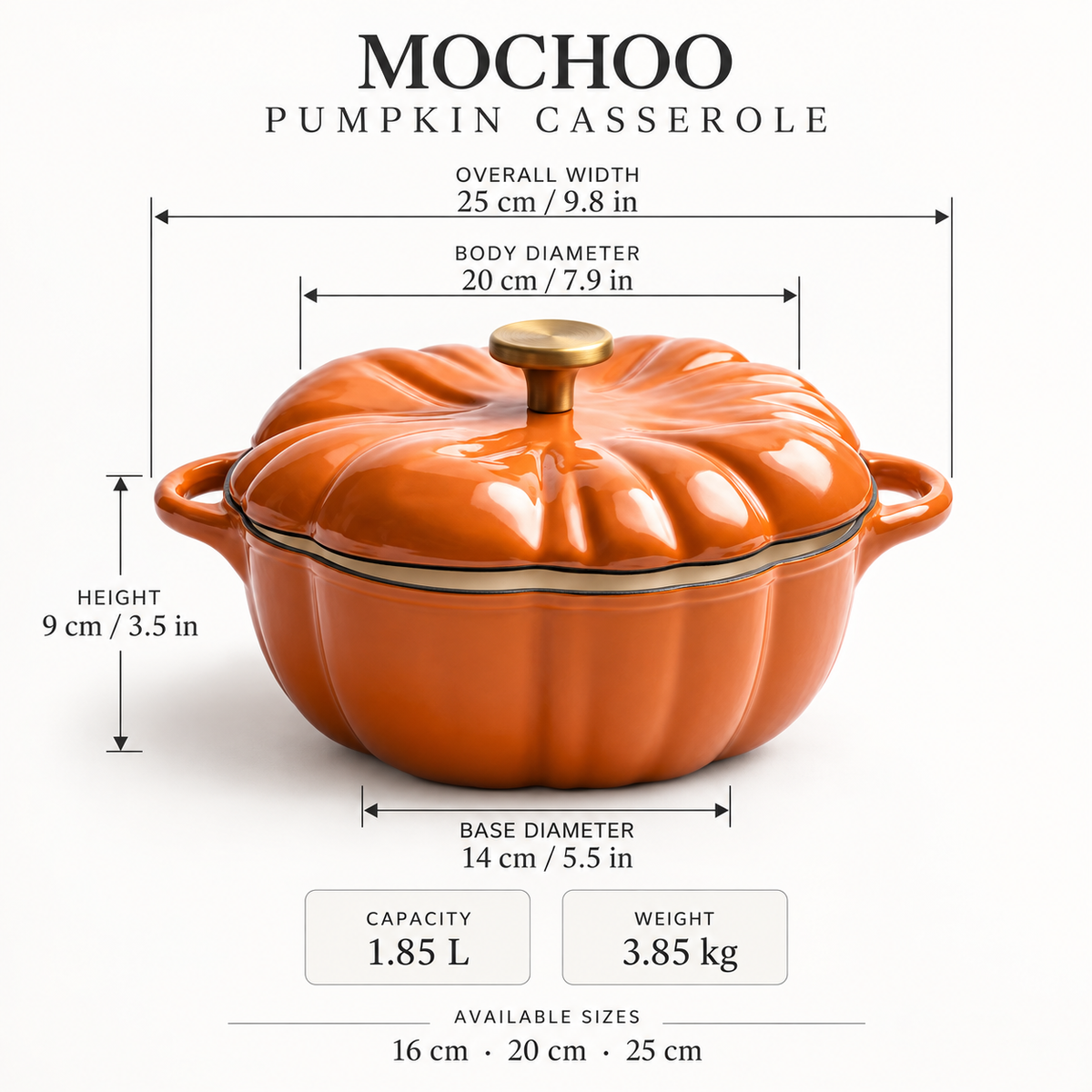 MOCHOO Pumpkin Enameled Cast Iron Casserole – 16, 20 & 25 cm