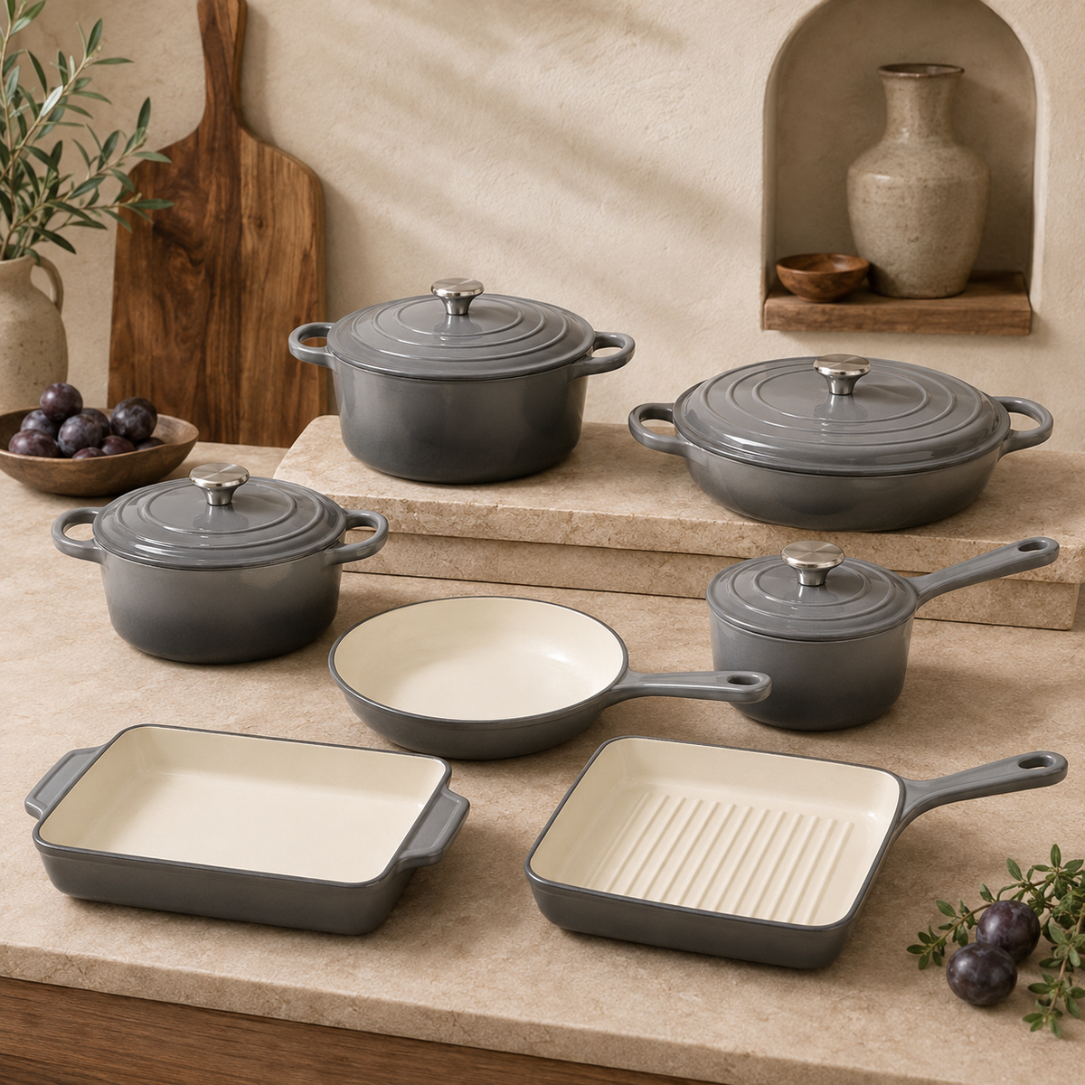 mochoo 7-Piece Enameled Cast Iron Cookware Set